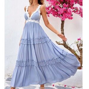 Boho Dusty Blue Lace Detail Flowy Cami Maxi Dress XS S M L XL